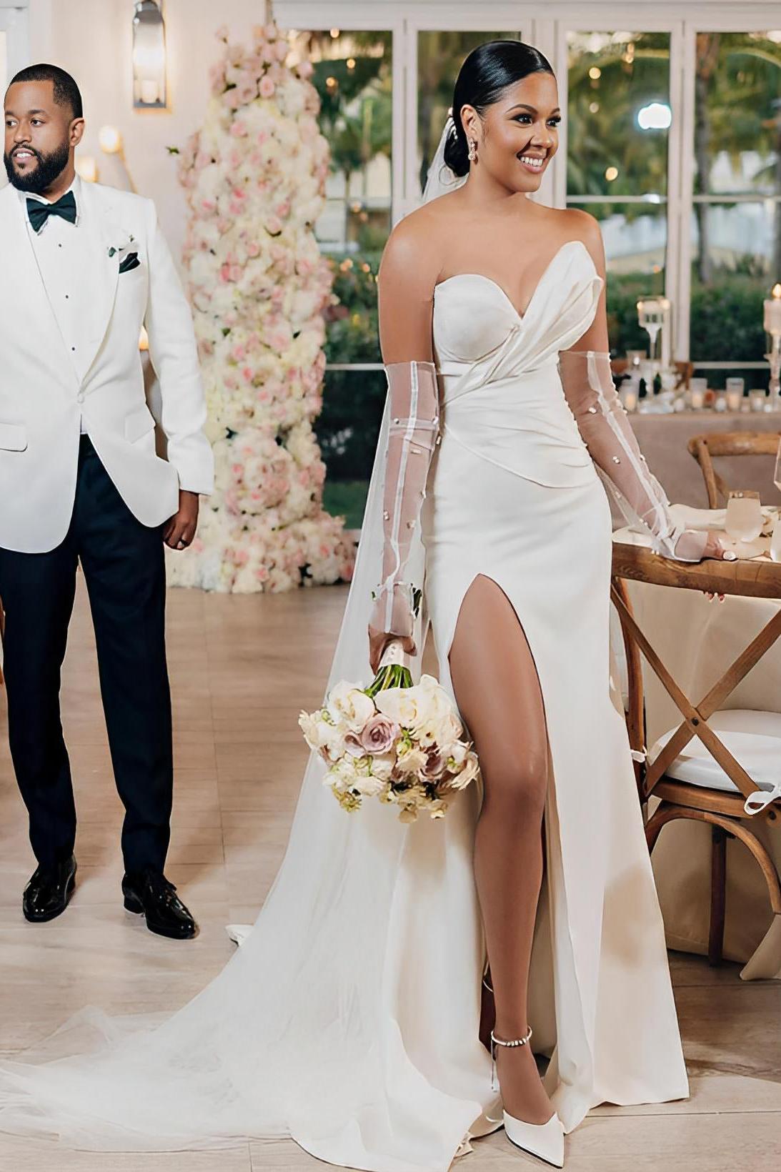 Satin Wedding Dress With Split Front Sheath Sleeveless Sweep Train