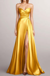 Satin Yellow A-Line Strapless Ruched Long Formal Dress With Slit