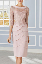 Scoop Neck 3/4 Sleeve Knee-Length Sheath Mother of the Bride Dress with Lace