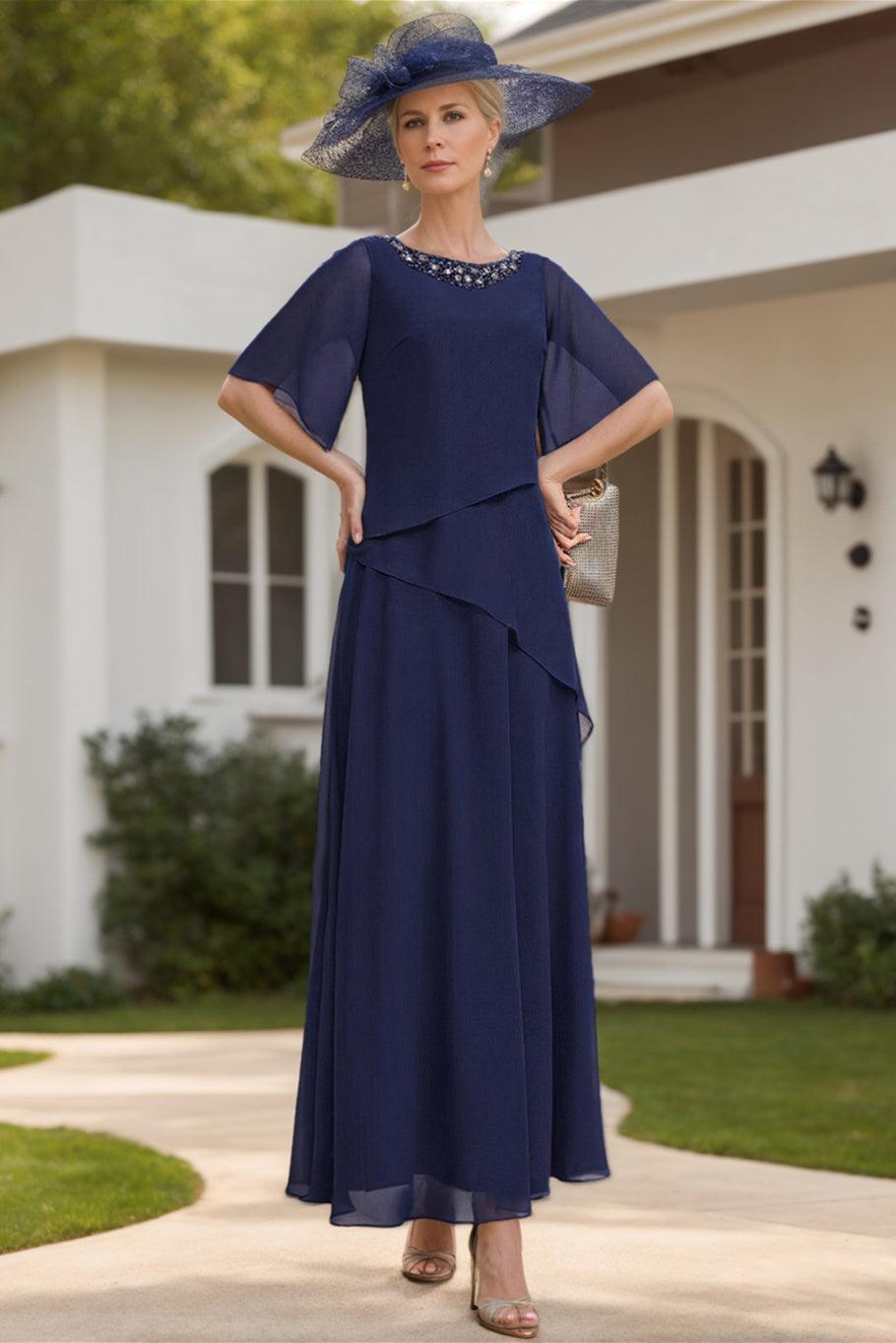 Scoop Neck Chiffon Mother of the Bride Dress with 1/2 Sleeves in A-Line/Princess Style