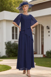 Scoop Neck Chiffon Mother of the Bride Dress with 1/2 Sleeves in A-Line/Princess Style
