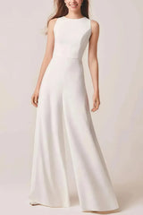 Scoop Neck Sleeveless Floor Length Italian Satin Wedding Jumpsuit with Pockets