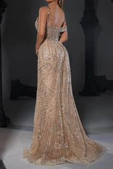 Champagne Mermaid Prom Dress Cap Sleeve Asymmetric Neck Formal Dress With Beadings and Rhinestones