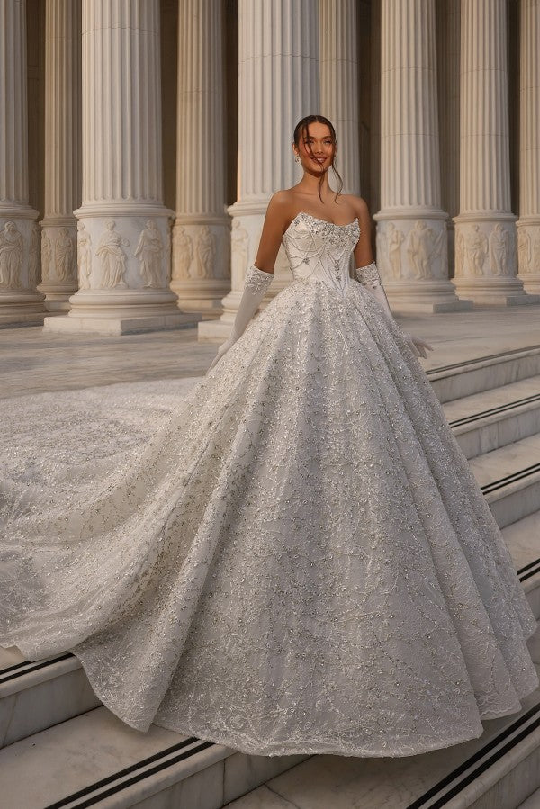Sequin Ball Gown Wedding Dress with Pearl Draped Corset Bodice
