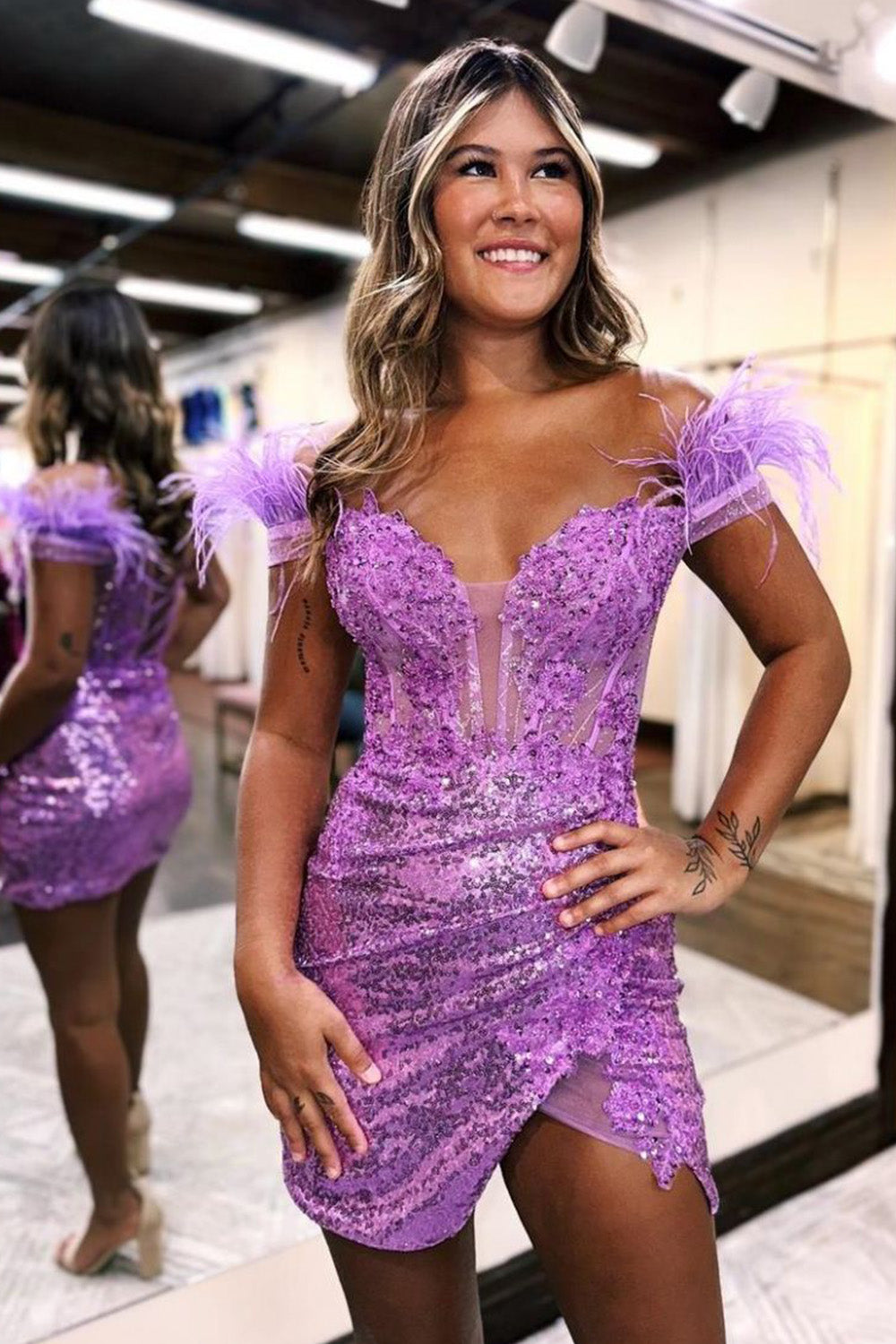 Sequin Homecoming Dress Style Off The Shoulder Lace Up Corset With Chic Feather Short Party Cocktail Dress