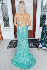 Sequin Prom Dress Lace Up Back Mermaid Long Evening Dress