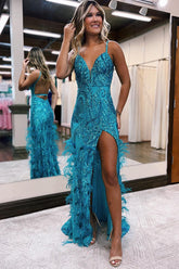 Sequin Prom Dress Lace V Neck Mermaid Evening Dress With Split