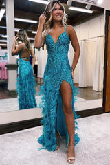 Sequin Prom Dress Lace V Neck Mermaid Evening Dress With Split
