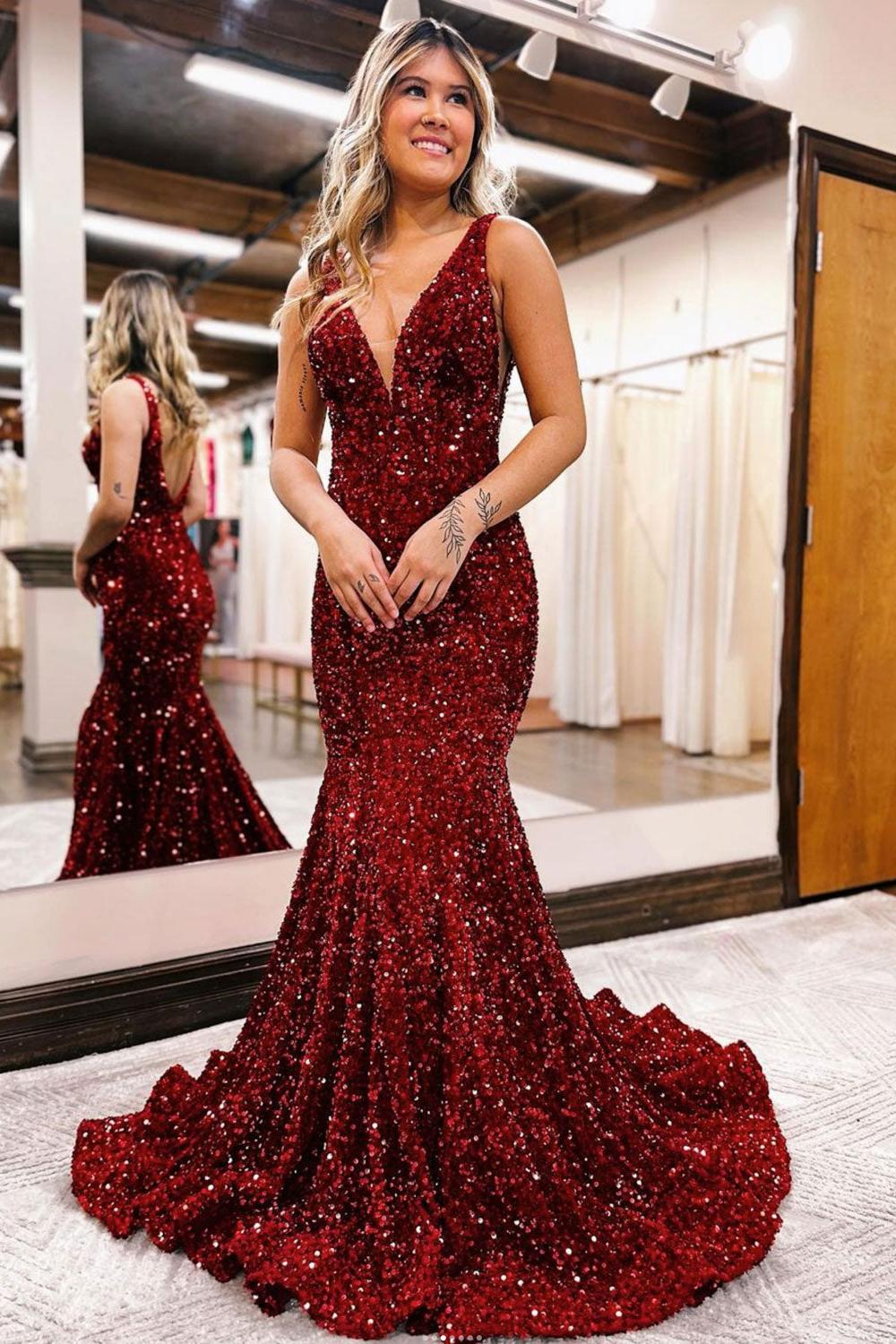 Sequin Velvet Formal Dress Mermaid Long Christmas Party Dress
