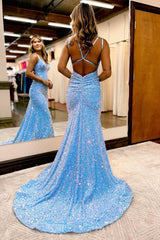 Sequined Blue Prom Dress Mermaid Long Backless Evening Dress