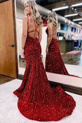 Sequined Blue Prom Dress Mermaid Long Backless Evening Dress
