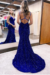 Sequined Blue Prom Dress Mermaid Long Backless Evening Dress