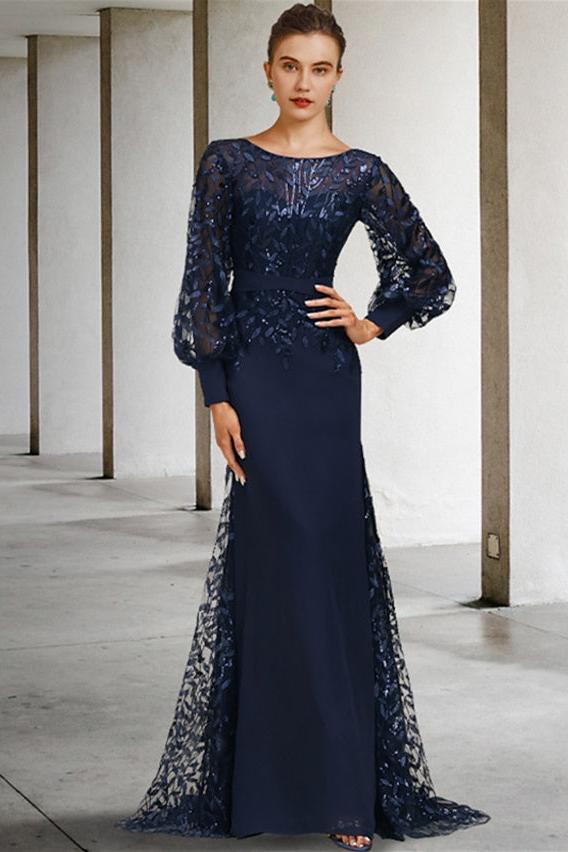 Sequined Floor-Length Mother of the Bride Dress with Scoop Neck and Long Sleeves