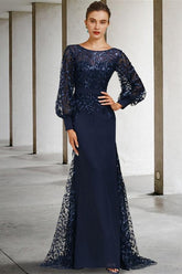 Sequined Floor-Length Mother of the Bride Dress with Scoop Neck and Long Sleeves