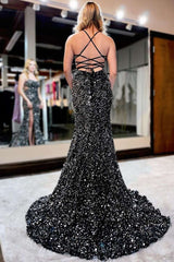 Sequined Prom Dress Lace up Back Black Mermaid Evening Dress with Slit