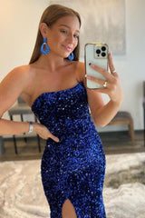 Sequined Prom Dress Mermaid Strapless Long Evening Dress With Split