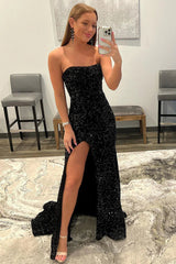 Sequined Prom Dress Mermaid Strapless Long Evening Dress With Split