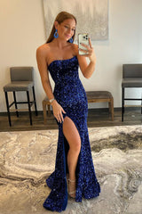 Sequined Prom Dress Mermaid Strapless Long Evening Dress With Split