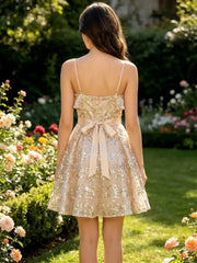 Dressystars Sequined Tiered Mini Dress with Satin Bow & Straps Homecoming Dresses
