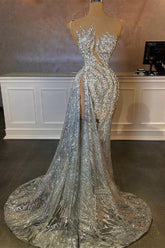 Dressystars Sequined Prom Dress Silver Mermaid Formal Dress with Slit