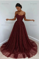 Light Blue Sequined Prom Dresses Off the Shoulder A Line Evening Dresses