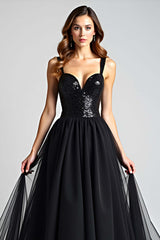 Sequins Backless Black Wedding Guest Dress A Line Long Tulle Graduation Dress
