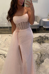 Sequins Floral Mermaid Prom Dress Corset Light Pink Long Formal Dress With Side Cape
