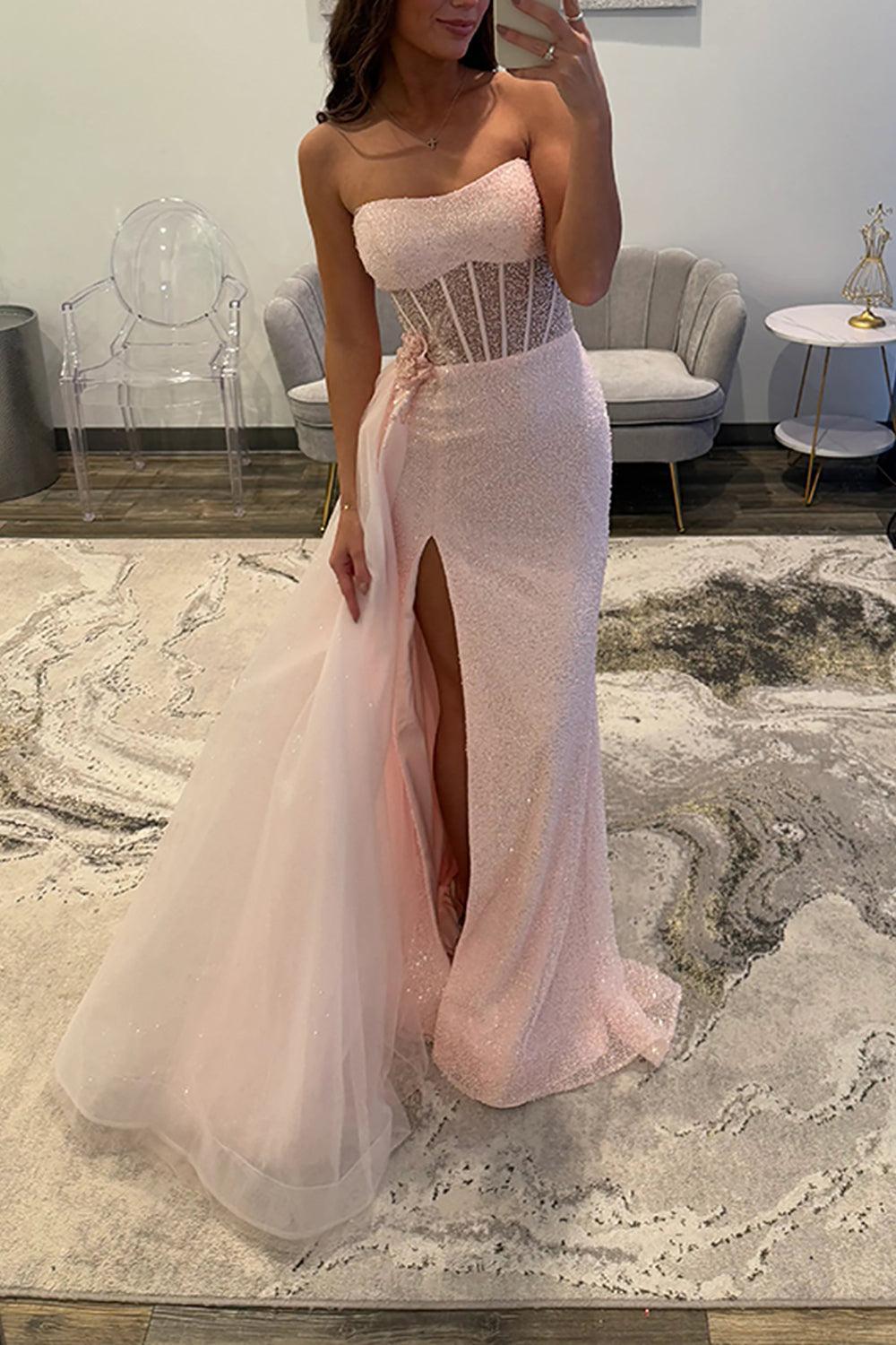 Sequins Floral Mermaid Prom Dress Corset Light Pink Long Formal Dress With Side Cape