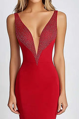 Sheath Deep V-Neck Red Wedding Guest Dress Long Formal Dress With Beading