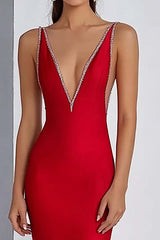 Sheath Deep V-Neck Red Wedding Guest Dress Long Formal Dress With Beading