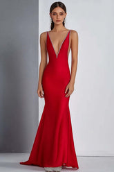 Sheath Deep V-Neck Red Wedding Guest Dress Long Formal Dress With Beading