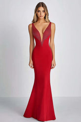 Sheath Deep V-Neck Red Wedding Guest Dress Long Formal Dress With Beading