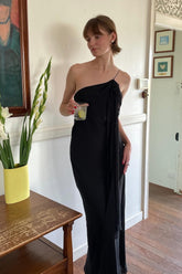Sheath One Shoulder Black Floor Length Party Dress With Ruffles Formal Evening Gown