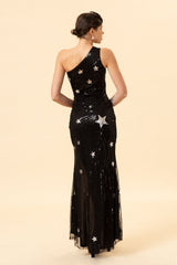 Sheath One Shoulder Black Prom Dress Sequined Long Evening Dress with Star