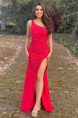 Sheath One Shoulder Red Prom Dress Long Evening Dress with Beadings