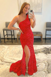 Sheath One Shoulder Red Prom Dress Sequined Evening Dress with Slit