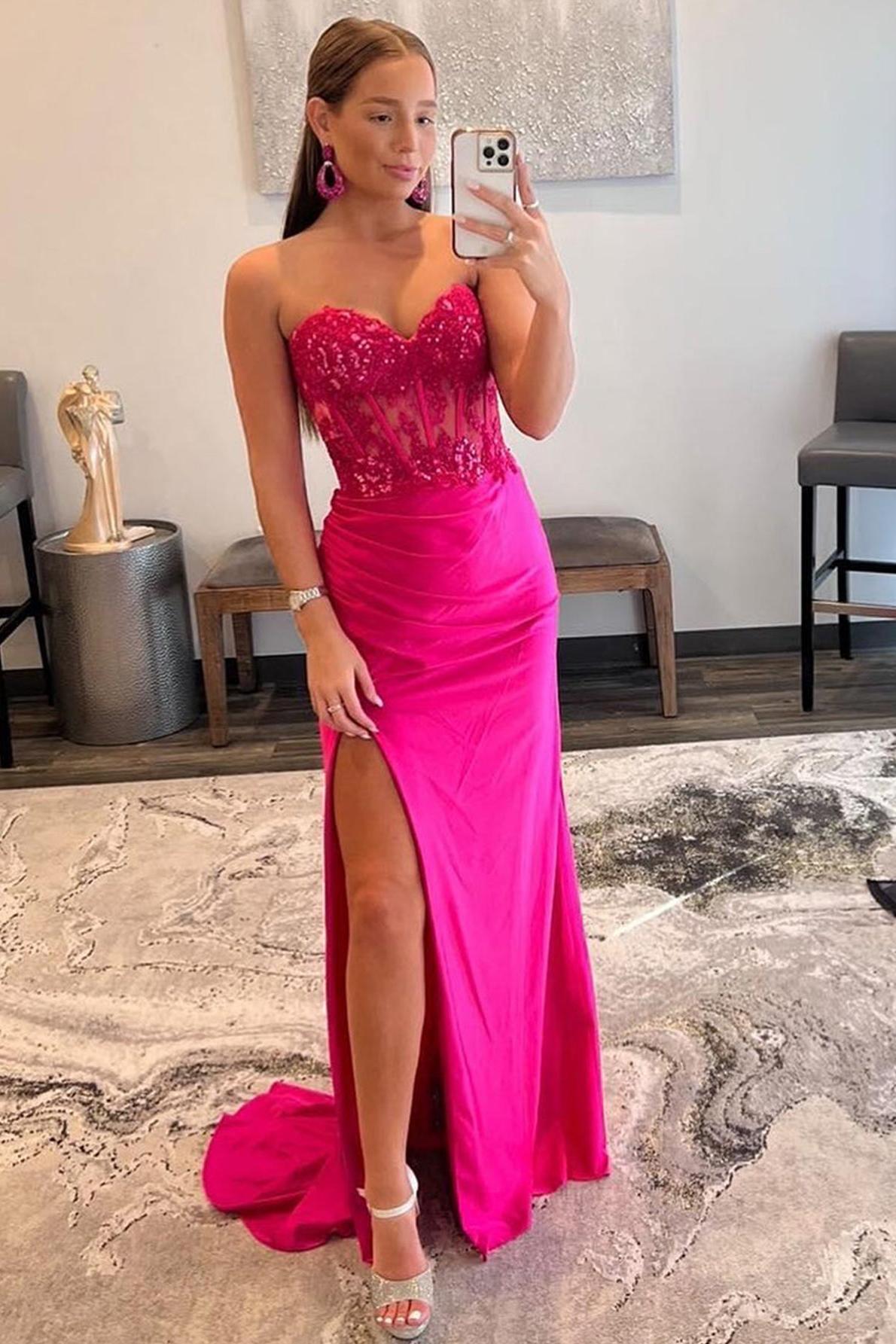 Sheath Prom Dress Strapless Sweetheart Collar Long Evening Dress with Split