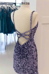 Sheath Spaghetti Straps Royal Blue Homecoming Dresses Sequin Short Cocktail Dresses
