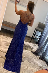 Sheath Spaghetti Straps Royal Blue Prom Dress Sequined Long Evening Dress with Split Front
