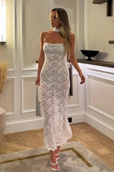 Sheath Strapless White Lace Tea Length Party Dress Formal Evening Gown