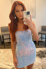 Sheath Sweetheart Light Blue Homecoming Dresses Sequin Short Cocktail Dresses