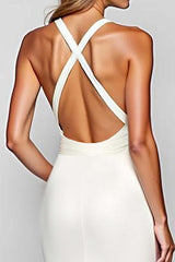 Sheath White Halter Satin Long Formal Dress