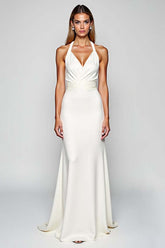 Sheath White Halter Satin Long Formal Dress