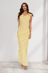 Sheath/Column Cowl Neck Sleeveless Ruffle Maxi Dresses Long Bridesmaid Dresses