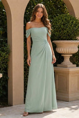 Sheath/Column Off-the-Shoulder Sleeveless Floor-Length Bridesmaid Dresses with Ruched