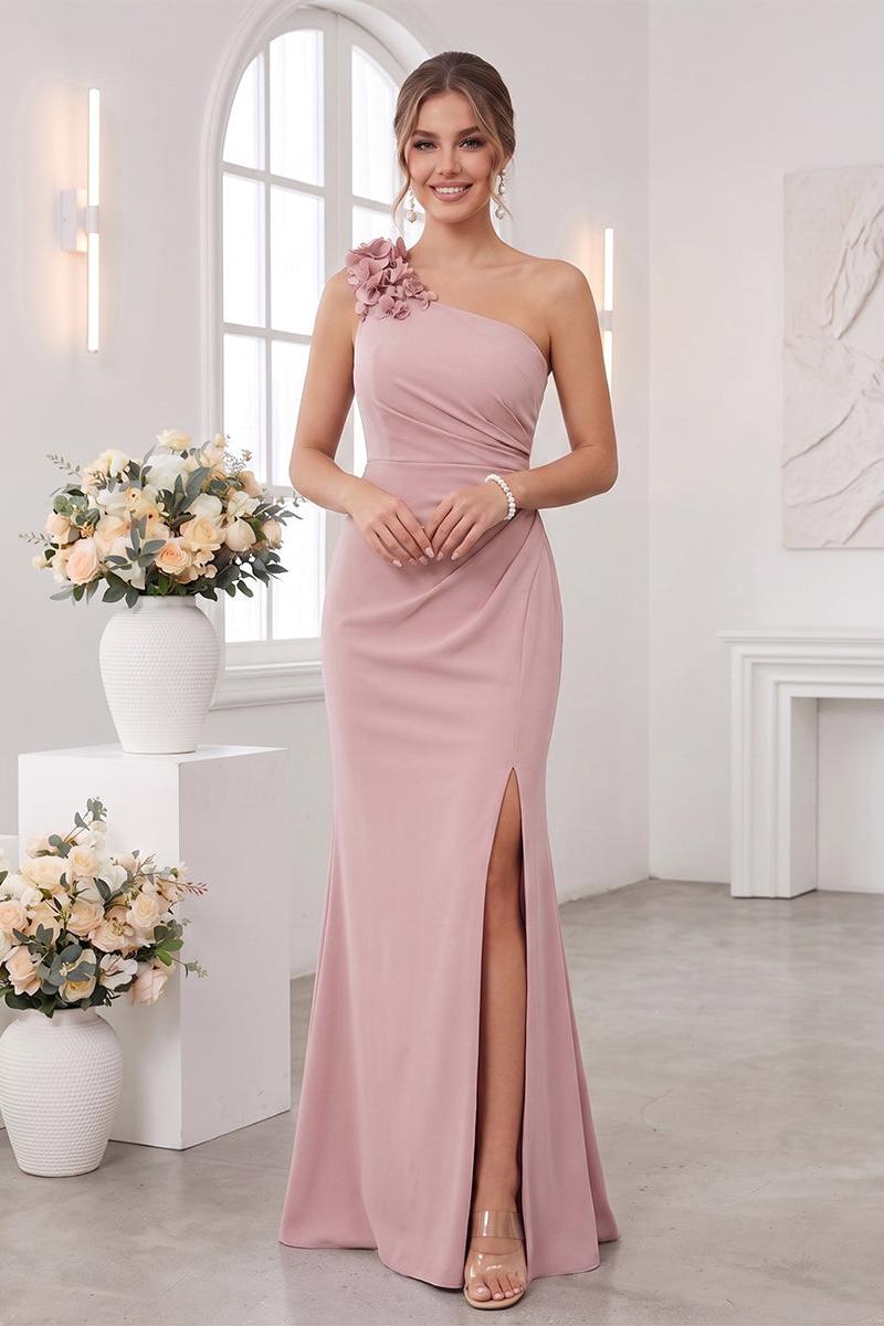 Sheath/Column One-Shoulder Sleeveless Floor-Length Bridesmaid Dresses with 3D Floral & Split Side