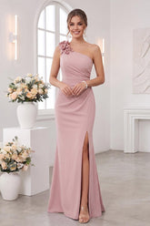 Sheath/Column One-Shoulder Sleeveless Floor-Length Bridesmaid Dresses with 3D Floral & Split Side