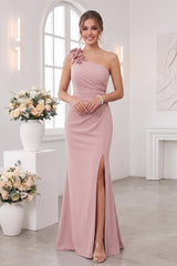 Sheath/Column One-Shoulder Sleeveless Floor-Length Bridesmaid Dresses with 3D Floral & Split Side