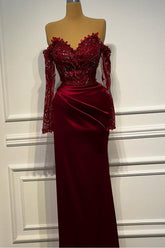Sheath/Column Prom Dress Long Sleeve Off the Shoulder Formal Dress With Beadings and Rhinestones