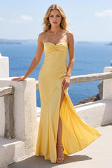 Sheath/Column Spaghetti Straps Pleated Long Bridesmaid Dresses with Split Side